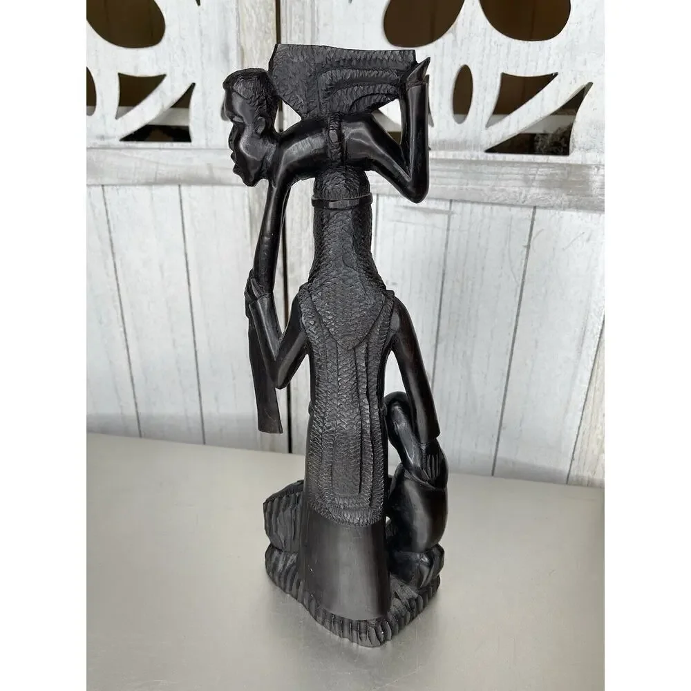 African Statue Ebony Wood Carved Family Of 4 Statue Tanzania 14.5in Mother Baby